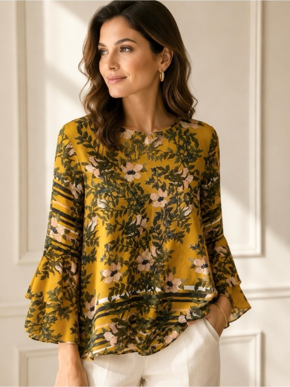 CAbi Mustard Floral Bell-Sleeve Blouse